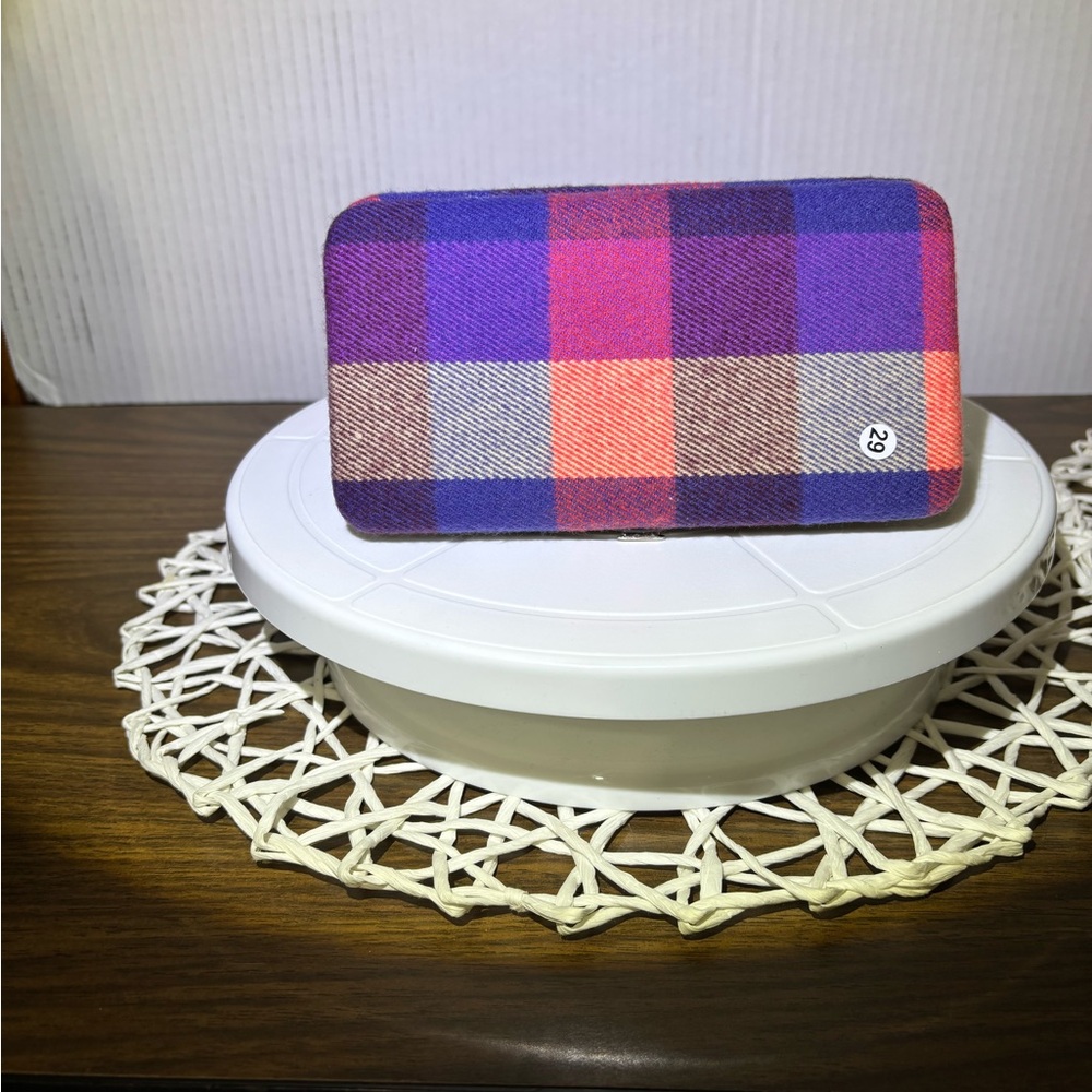 Plaid Wallet with Purple and Red Accents